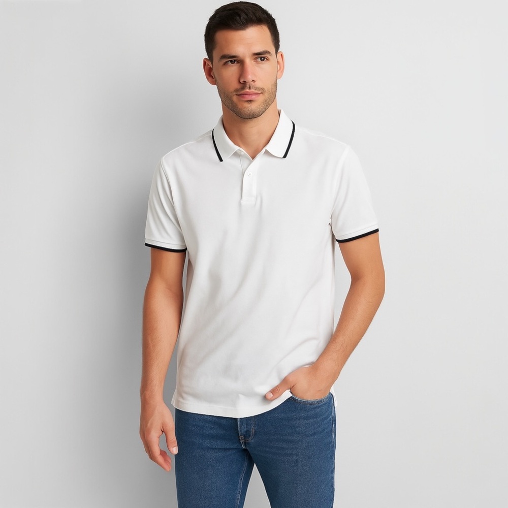 Old Navy White Polo Shirt with Black Trim – Men’s Size Medium